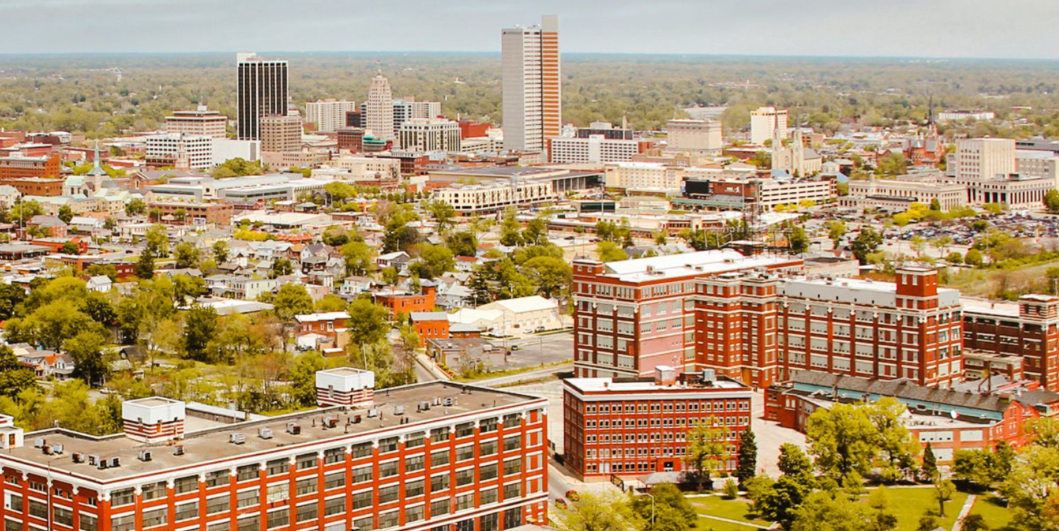 Electric Works campus with downtown Fort Wayne in background